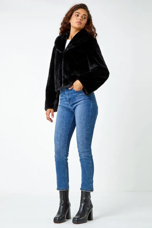 Women Black Collared Faux Fur Coat Roman Coats
