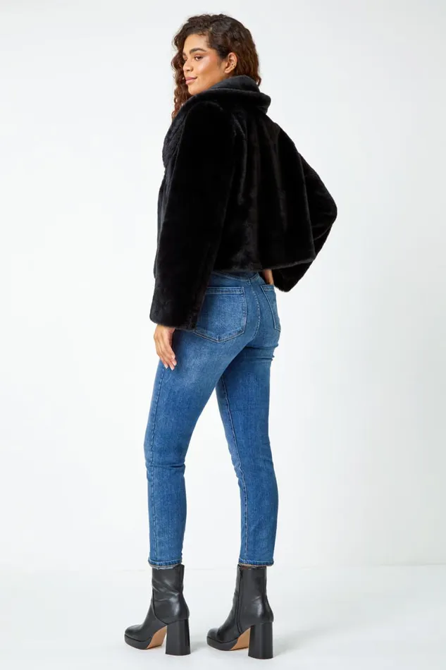 Women Black Collared Faux Fur Coat Roman Coats