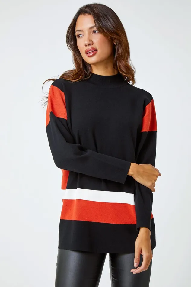 Women Black Colour Block Stripe Knit Jumper Roman Knitwear