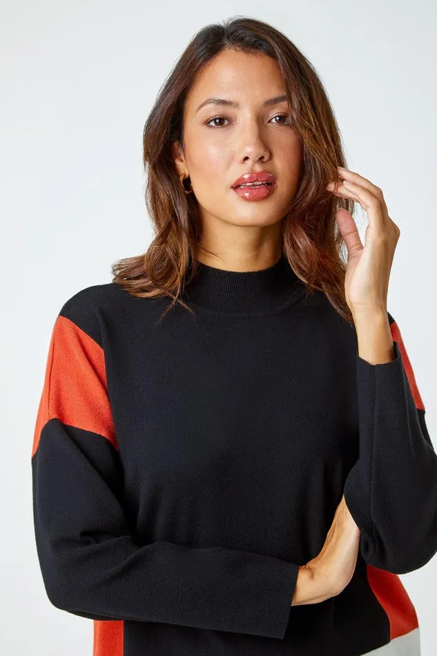 Women Black Colour Block Stripe Knit Jumper Roman Knitwear