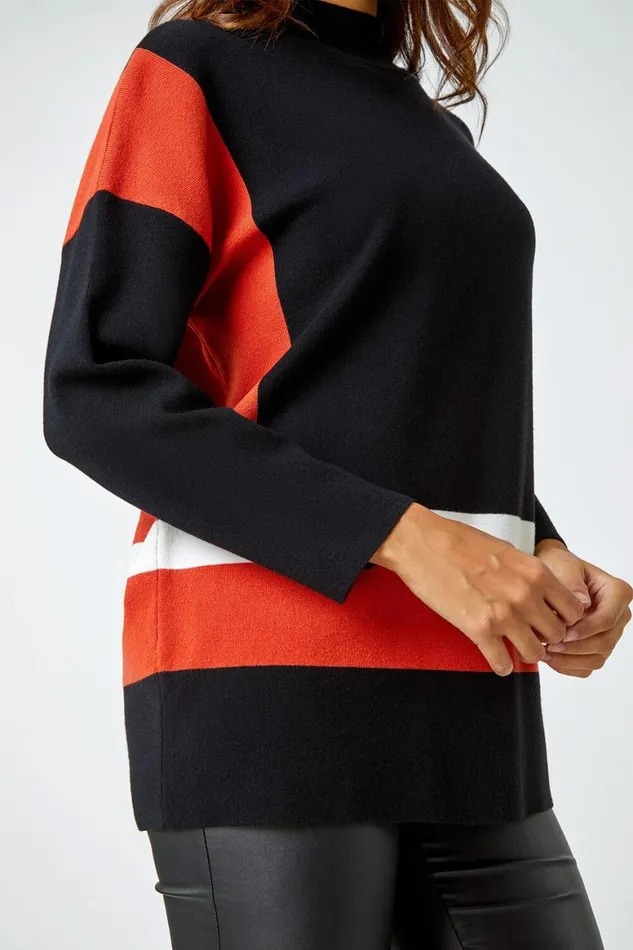 Women Black Colour Block Stripe Knit Jumper Roman Knitwear