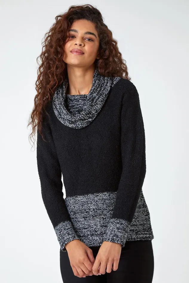 Women Black Contrast Cowl Neck Longline Jumper Roman Knitwear