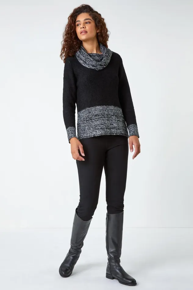 Women Black Contrast Cowl Neck Longline Jumper Roman Knitwear