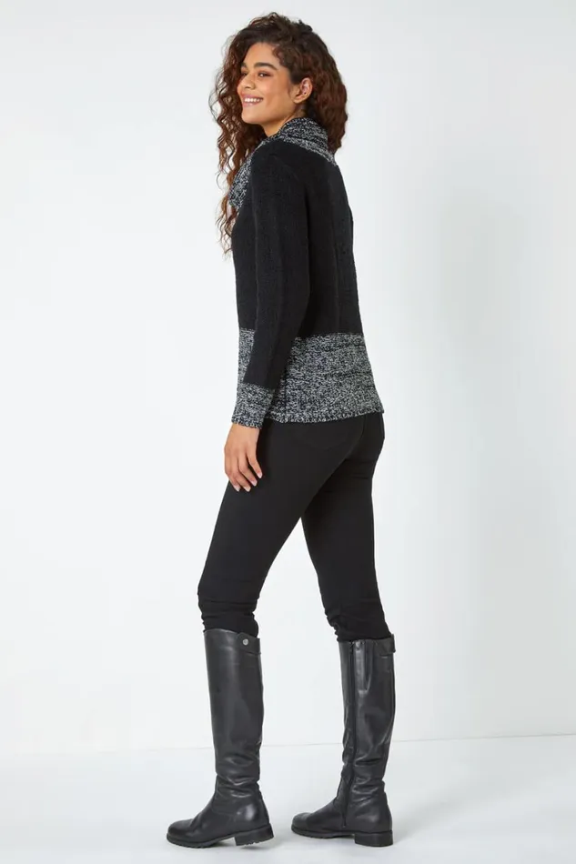 Women Black Contrast Cowl Neck Longline Jumper Roman Knitwear