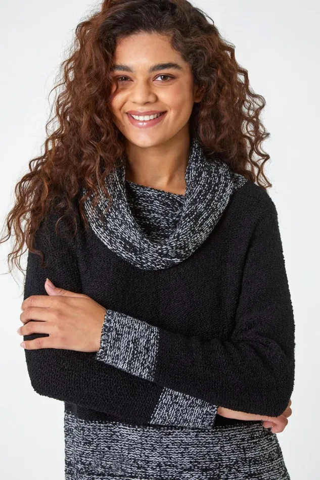 Women Black Contrast Cowl Neck Longline Jumper Roman Knitwear