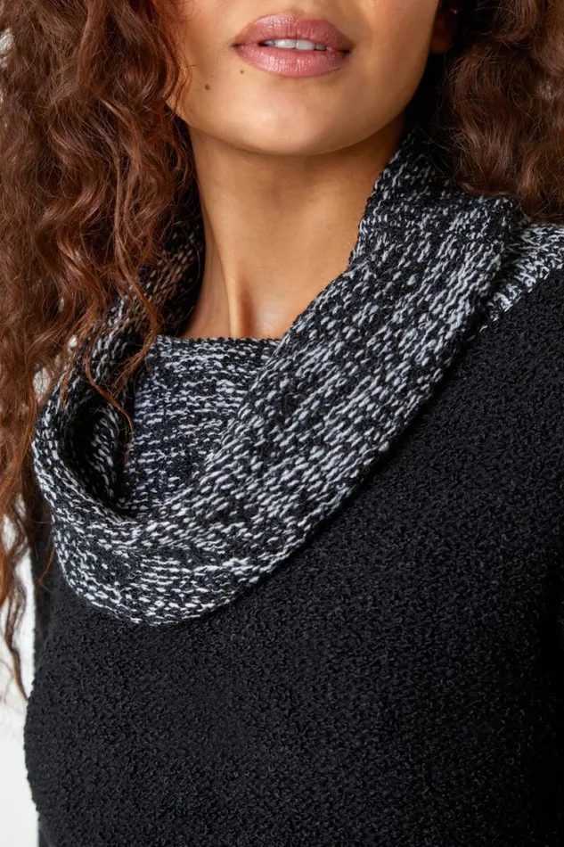 Women Black Contrast Cowl Neck Longline Jumper Roman Knitwear