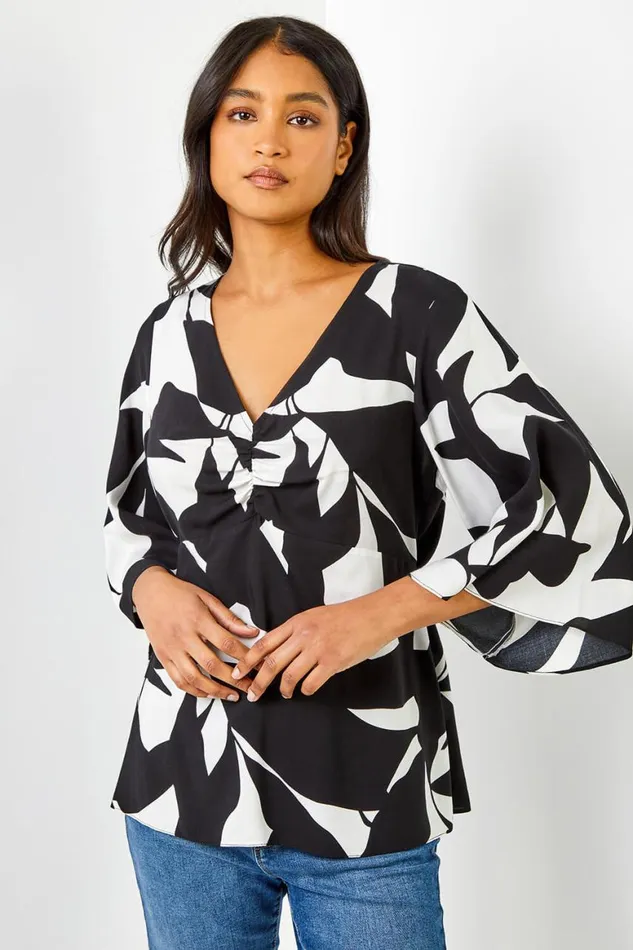 Women Black Contrast Floral Print Ruched Tunic Top Roman Tops