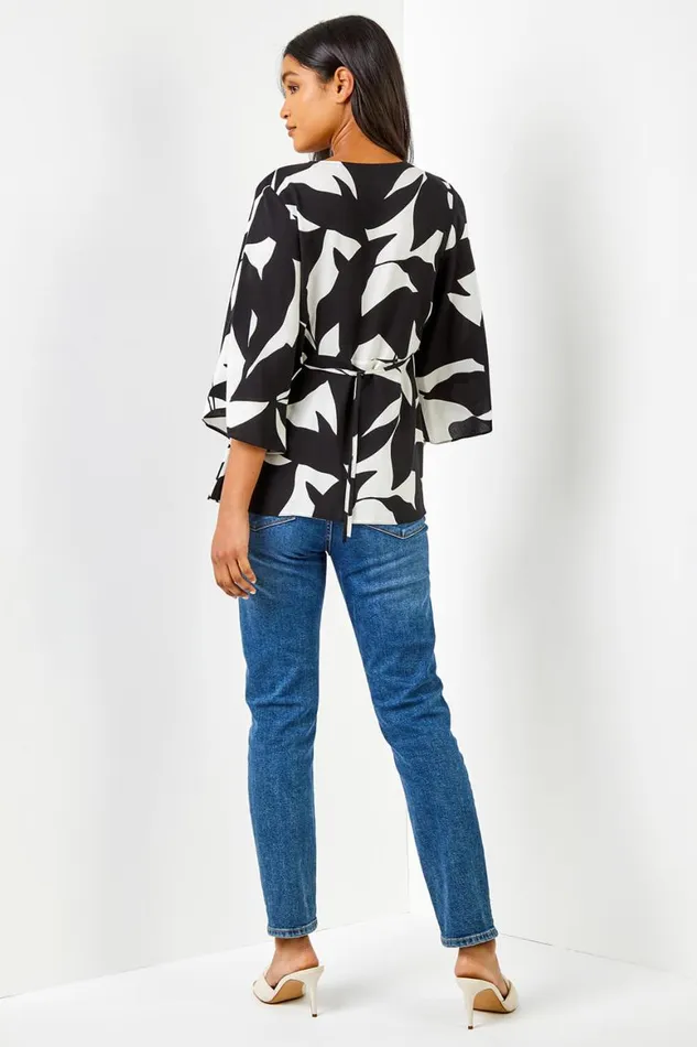 Women Black Contrast Floral Print Ruched Tunic Top Roman Tops