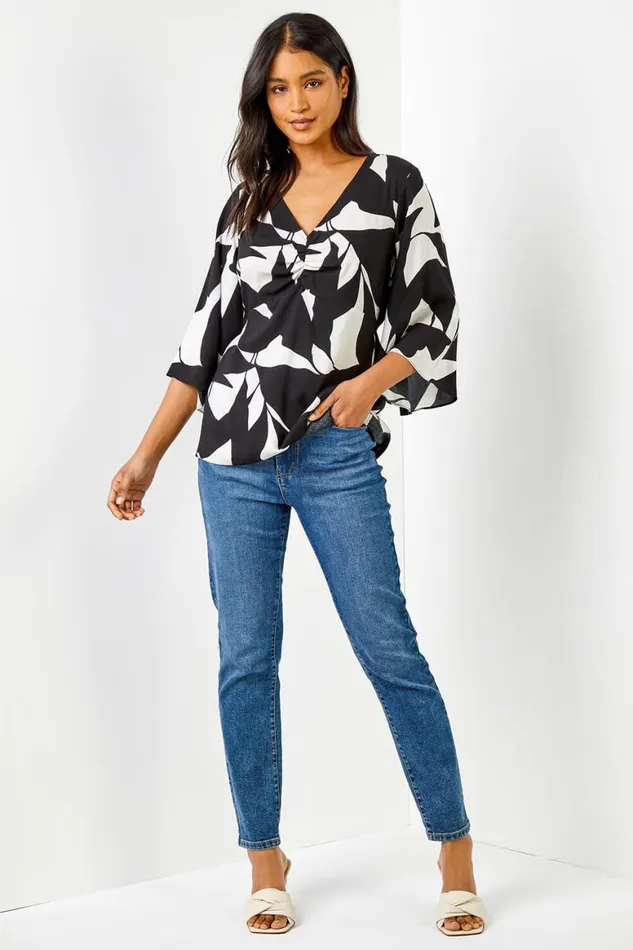 Women Black Contrast Floral Print Ruched Tunic Top Roman Tops