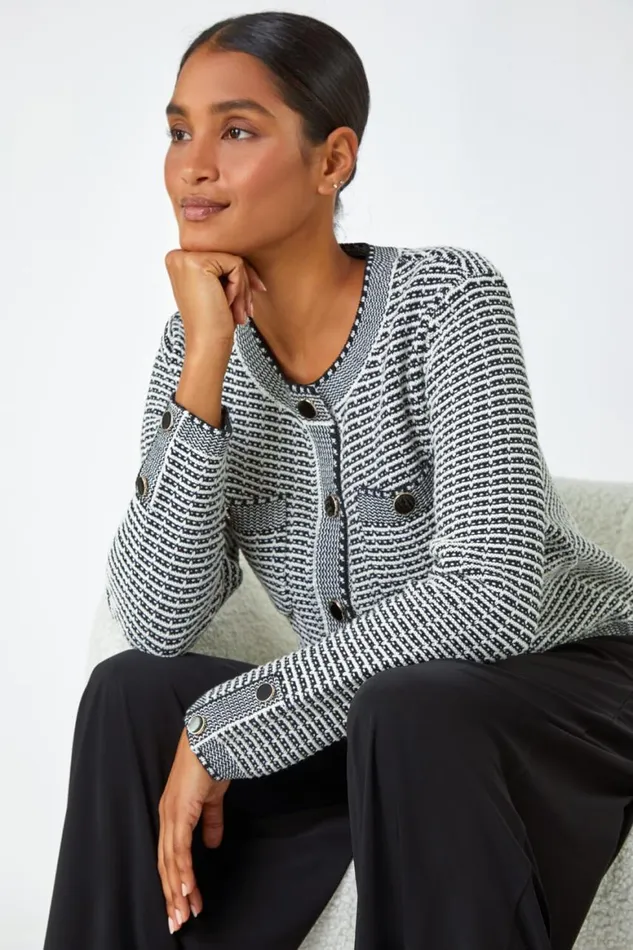 Women Black Cotton Blend Textured Button Cardigan Roman Knitwear