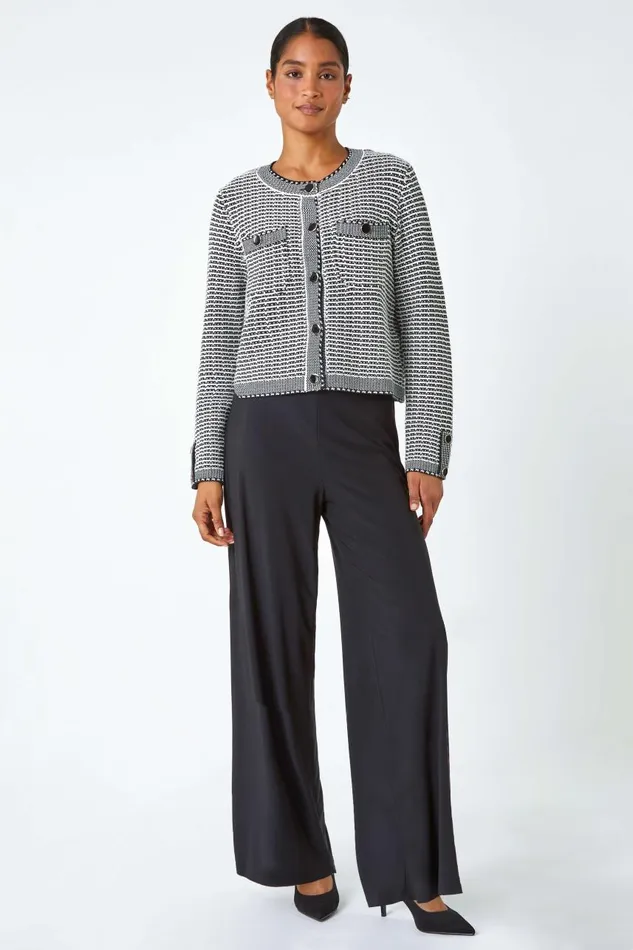 Women Black Cotton Blend Textured Button Cardigan Roman Knitwear