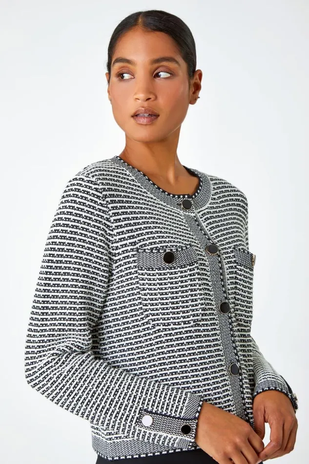 Women Black Cotton Blend Textured Button Cardigan Roman Knitwear