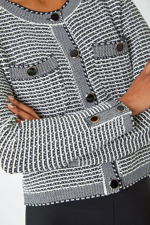 Women Black Cotton Blend Textured Button Cardigan Roman Knitwear