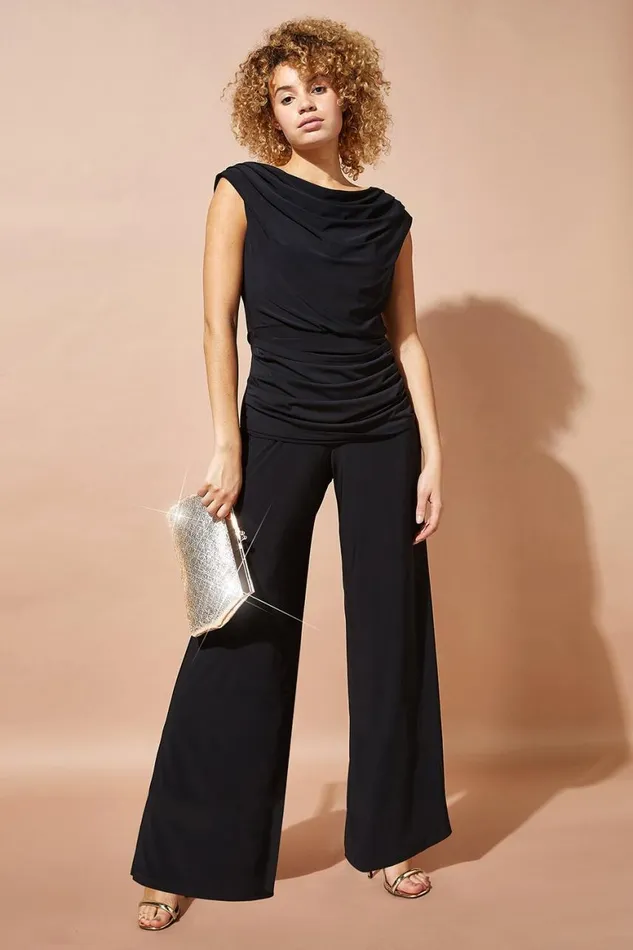 Women Black Cowl Neck Ruched Stretch Jumpsuit Roman Dresses