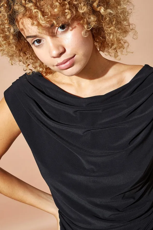 Women Black Cowl Neck Ruched Stretch Jumpsuit Roman Dresses