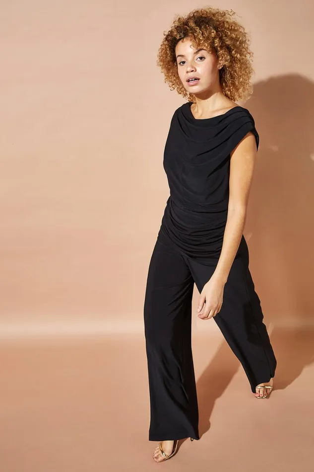 Women Black Cowl Neck Ruched Stretch Jumpsuit Roman Dresses