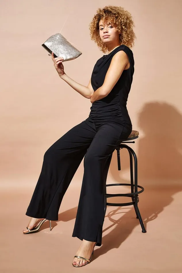 Women Black Cowl Neck Ruched Stretch Jumpsuit Roman Dresses