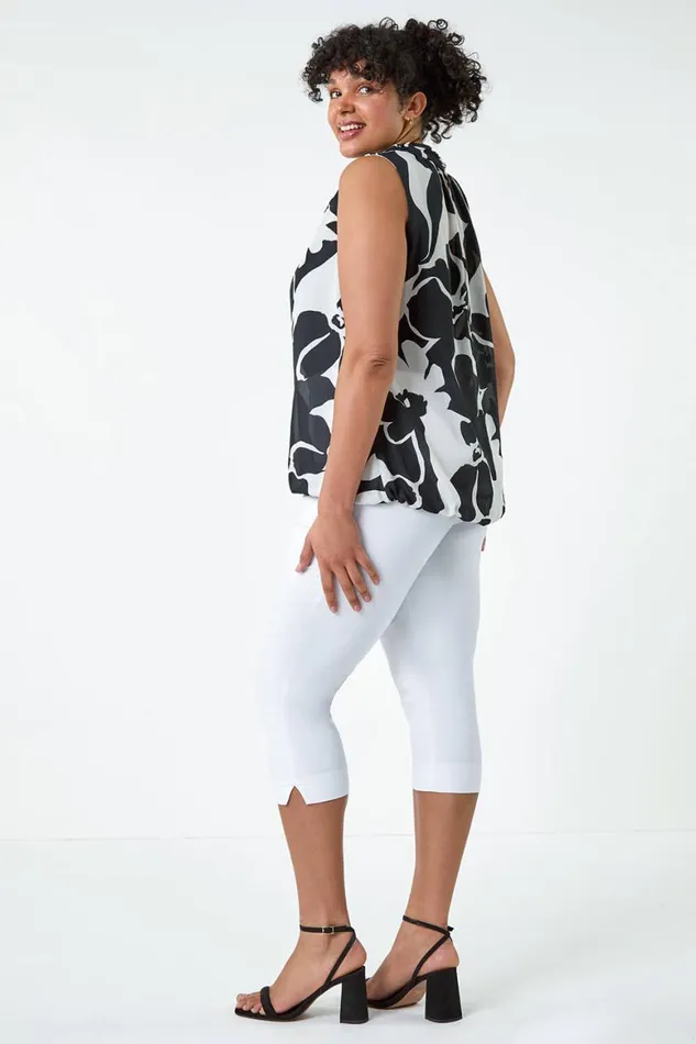 Women Black Curve Abstract Bubble Hem Keyhole Top Roman Tops