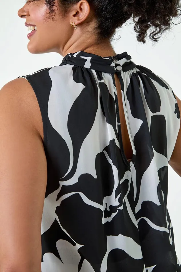 Women Black Curve Abstract Bubble Hem Keyhole Top Roman Tops