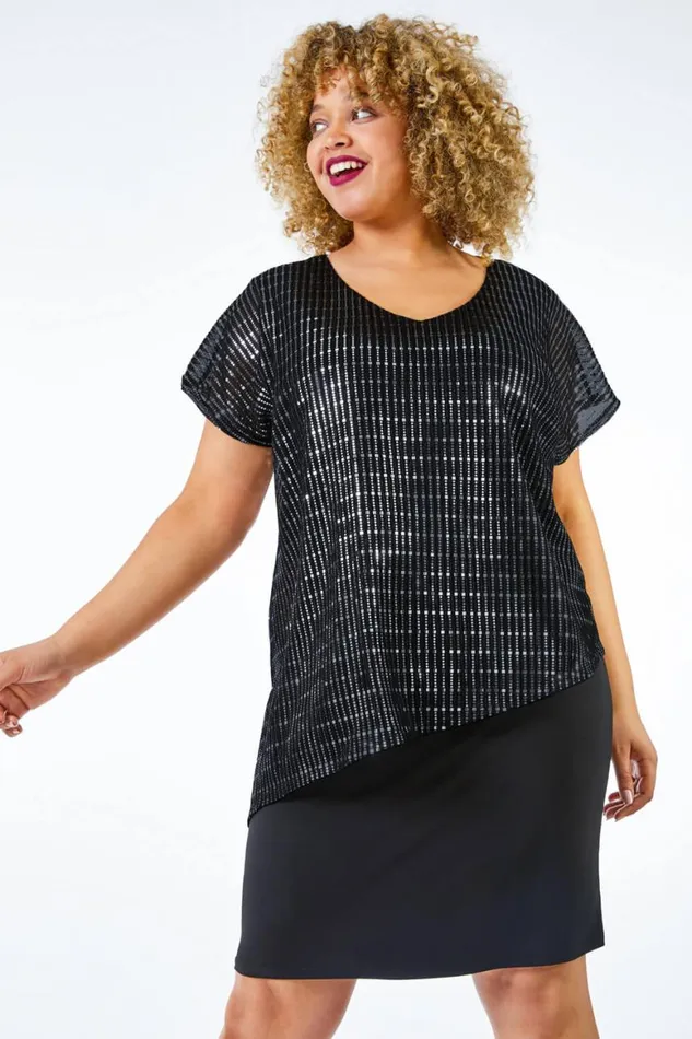 Women Black Curve Asymmetric Shimmer Overlay Dress Roman Dresses