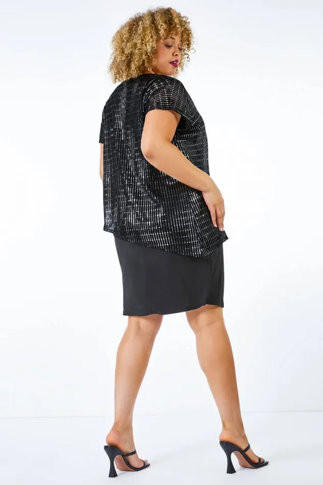 Women Black Curve Asymmetric Shimmer Overlay Dress Roman Dresses