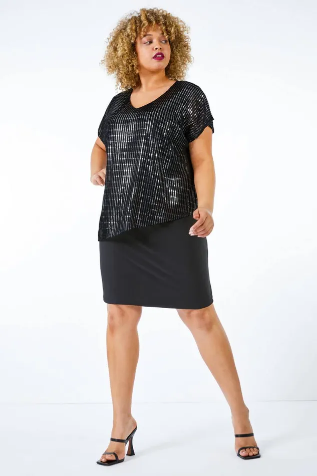 Women Black Curve Asymmetric Shimmer Overlay Dress Roman Dresses