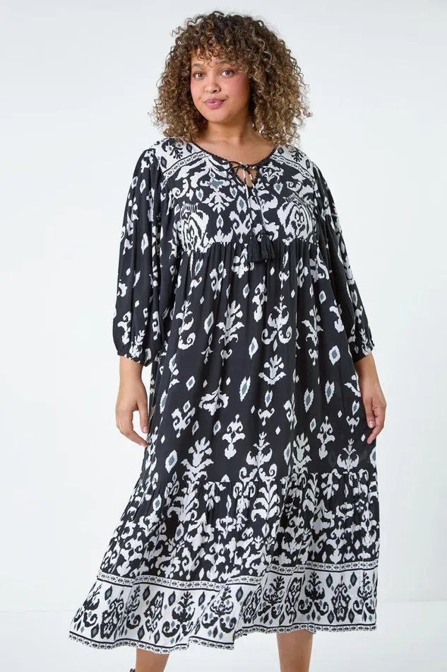 Women Black Curve Boho Print Tiered Midi Dress Roman Dresses