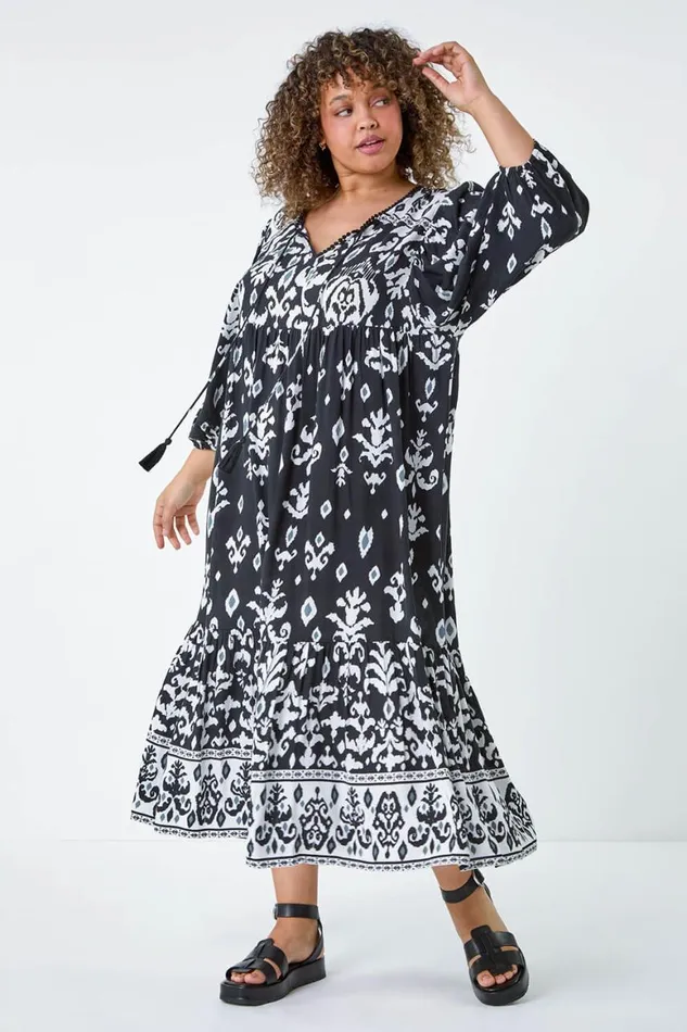 Women Black Curve Boho Print Tiered Midi Dress Roman Dresses