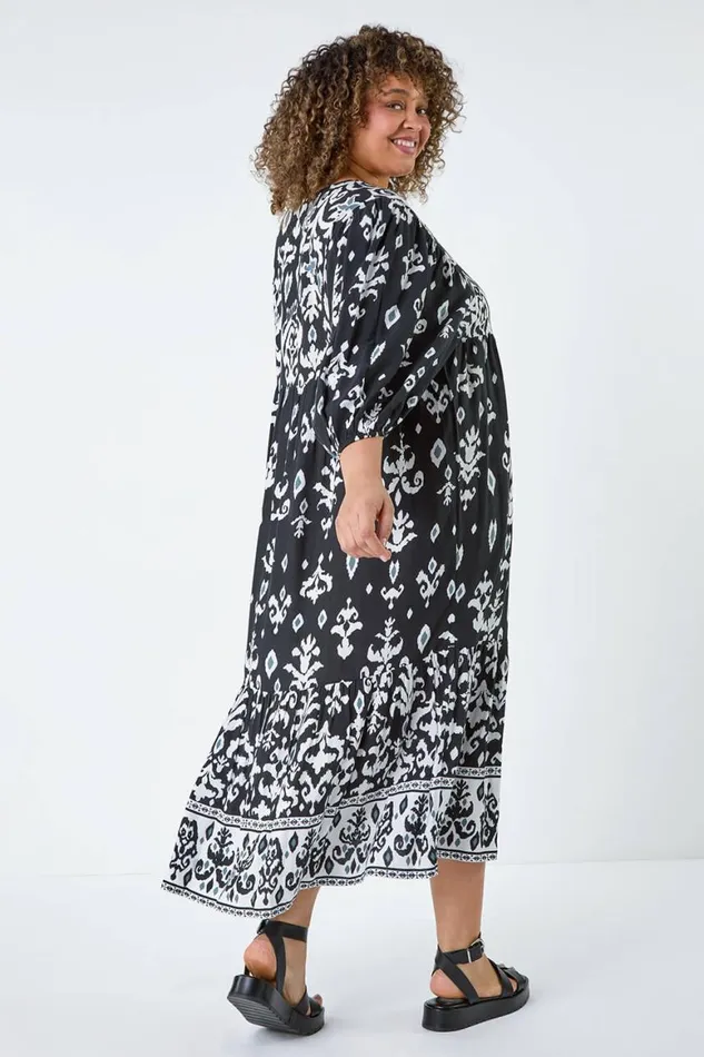 Women Black Curve Boho Print Tiered Midi Dress Roman Dresses