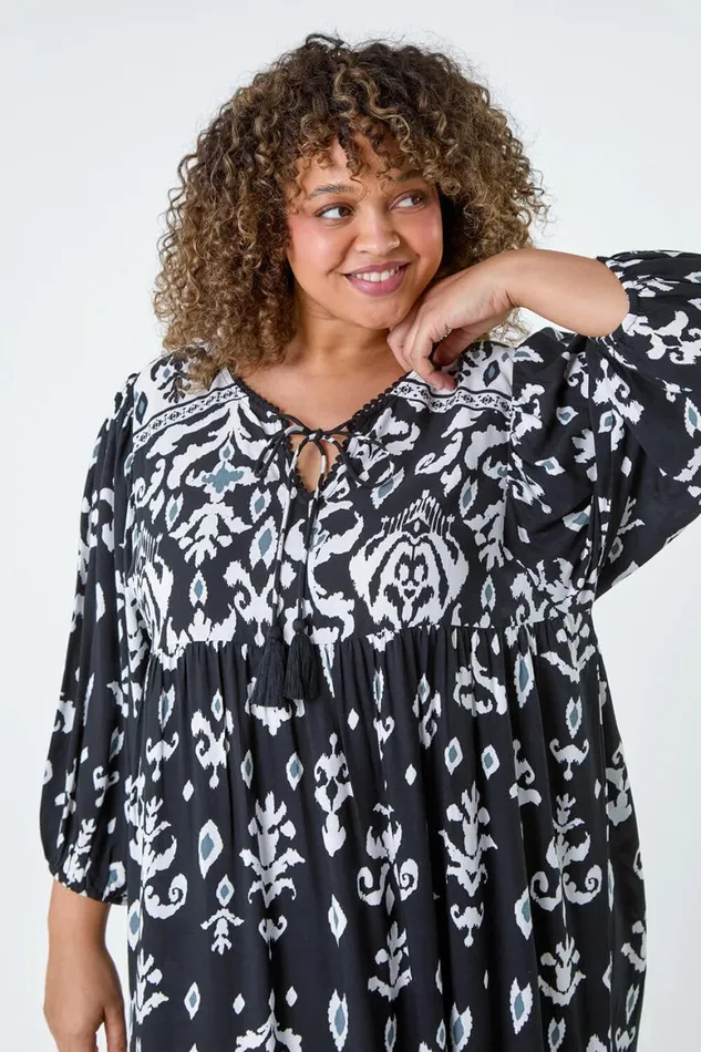 Women Black Curve Boho Print Tiered Midi Dress Roman Dresses