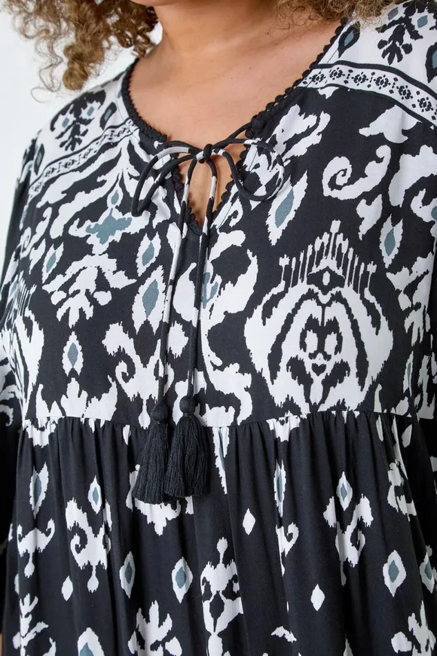 Women Black Curve Boho Print Tiered Midi Dress Roman Dresses