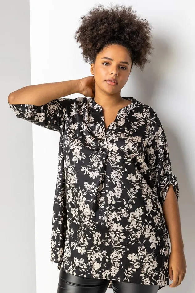 Women Black Curve Button Detail Floral Top Roman Tops