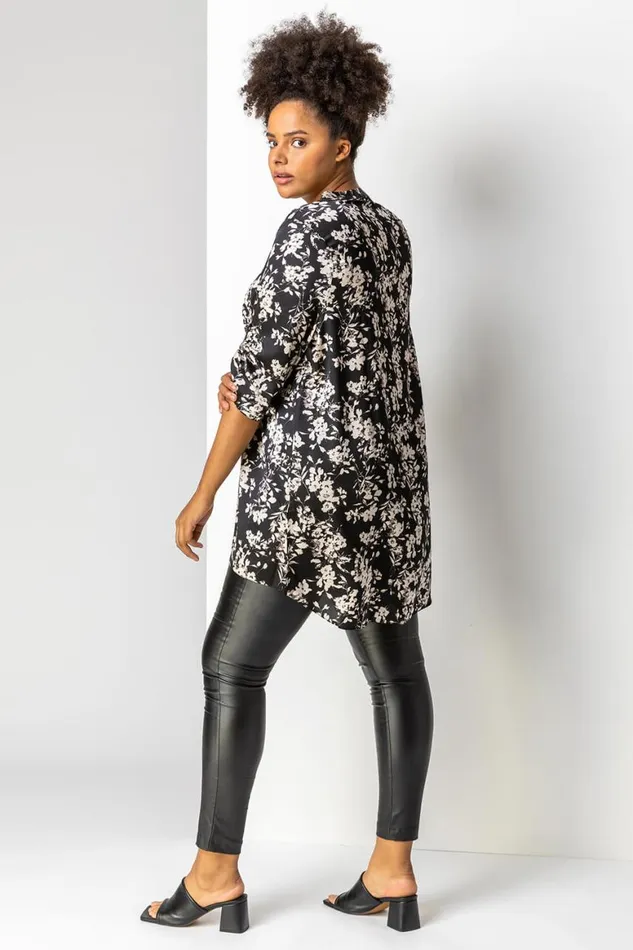 Women Black Curve Button Detail Floral Top Roman Tops