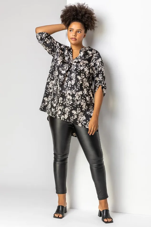 Women Black Curve Button Detail Floral Top Roman Tops