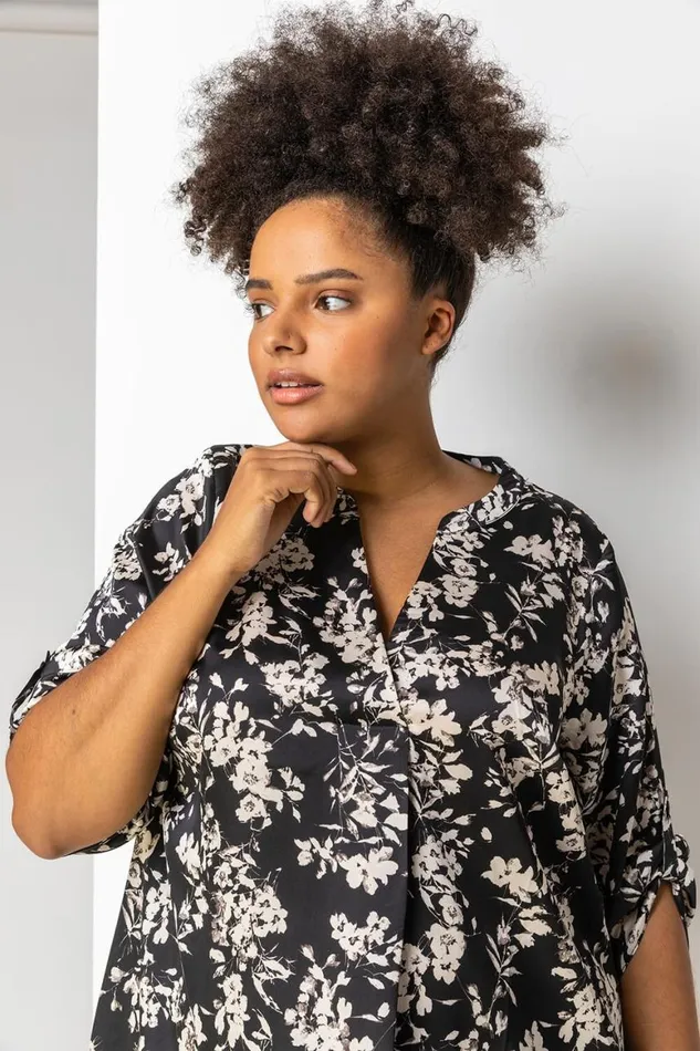 Women Black Curve Button Detail Floral Top Roman Tops