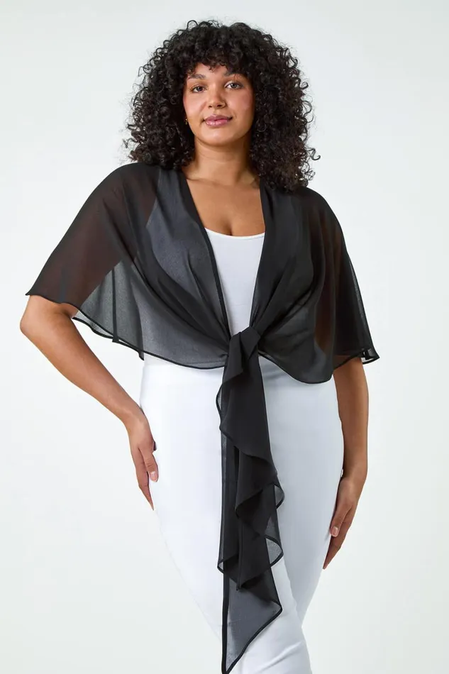 Women Black Curve Chiffon Drape Cover Up Roman Tops