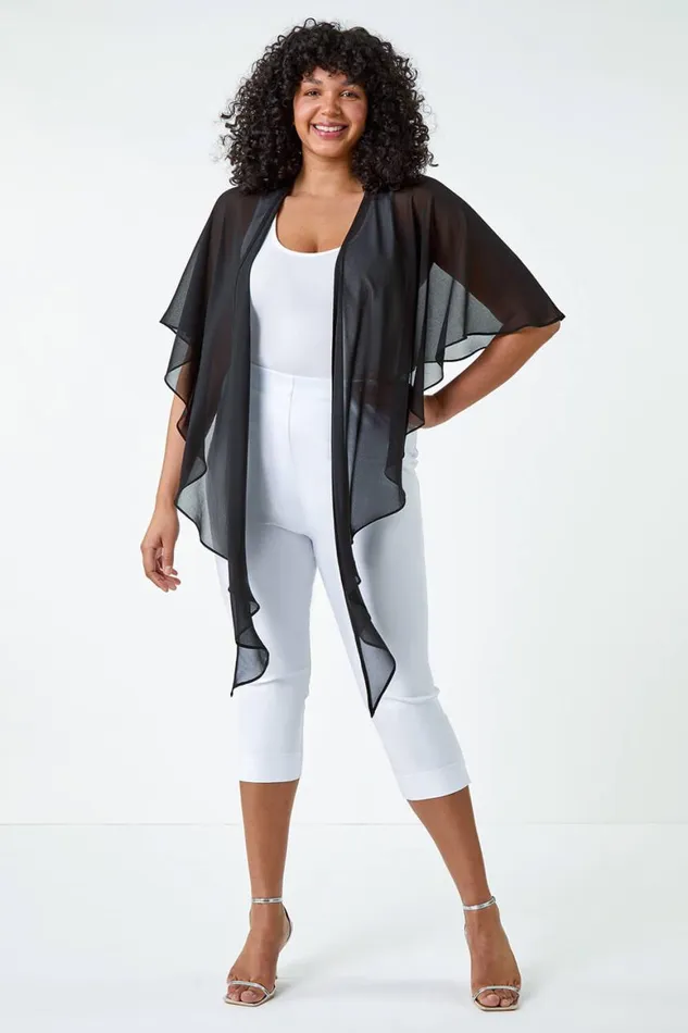 Women Black Curve Chiffon Drape Cover Up Roman Tops