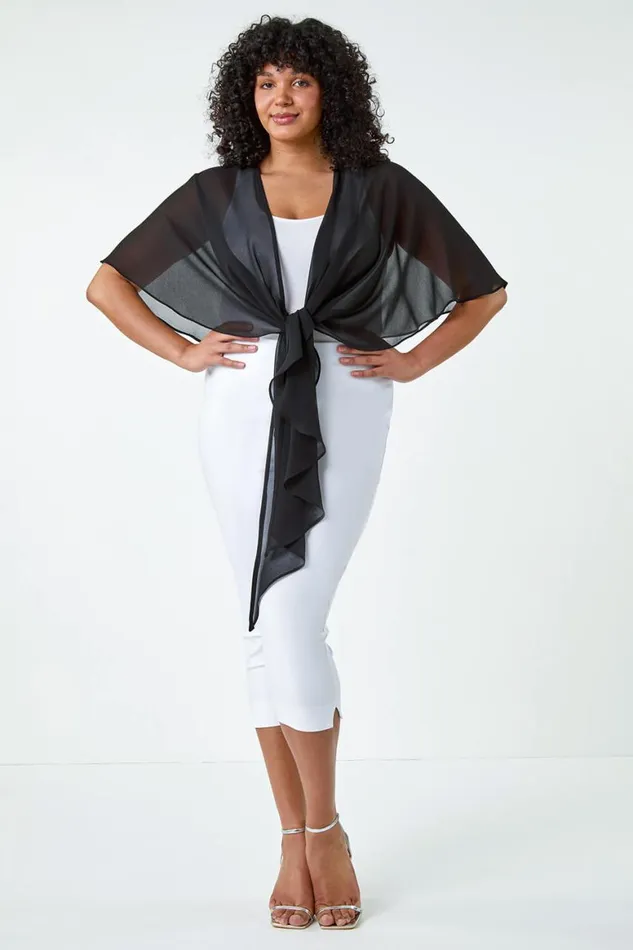 Women Black Curve Chiffon Drape Cover Up Roman Tops