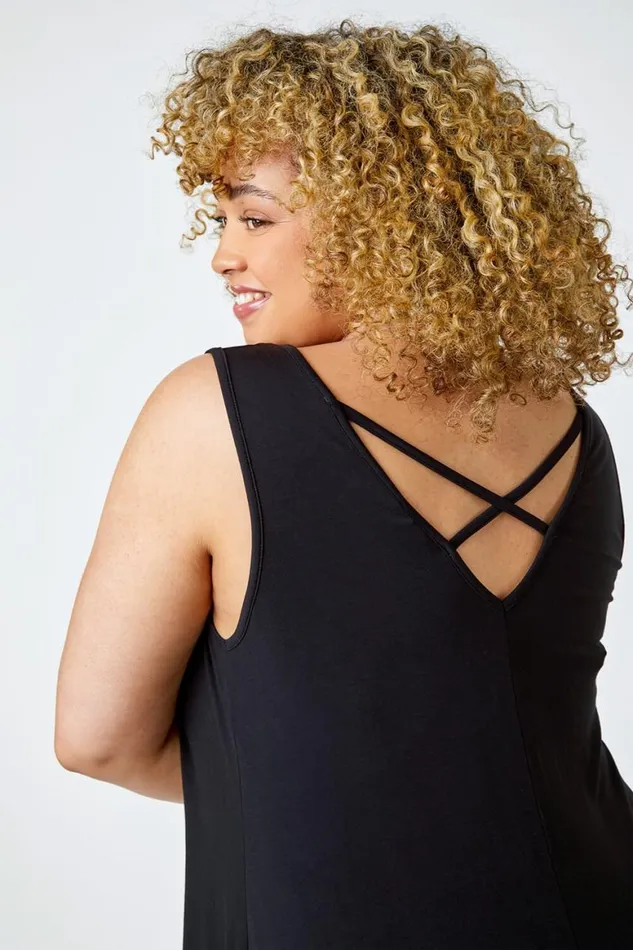 Women Black Curve Cross Detail VNeck Stretch Vest Top Roman Tops