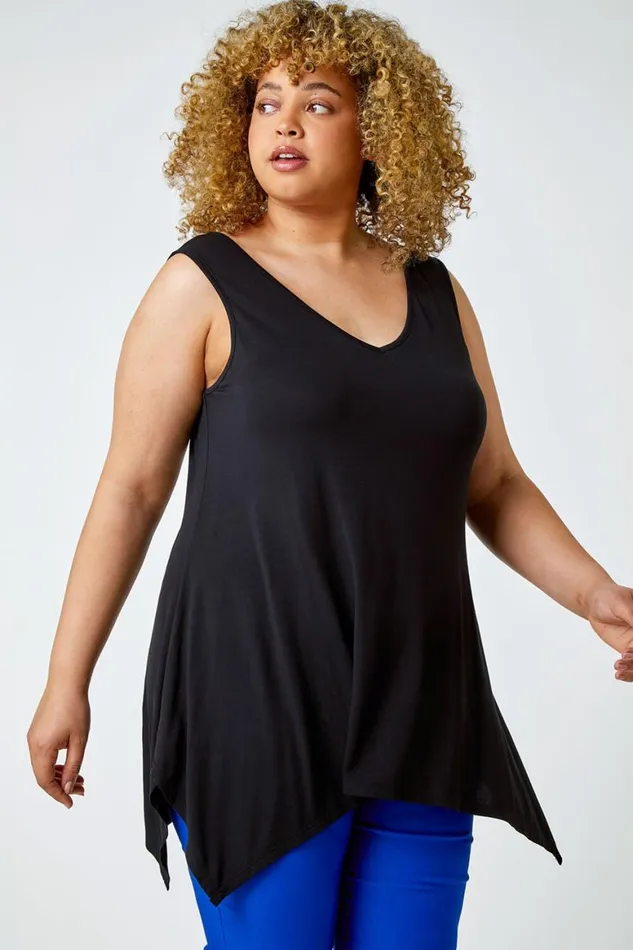 Women Black Curve Cross Detail VNeck Stretch Vest Top Roman Tops