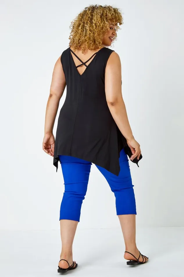 Women Black Curve Cross Detail VNeck Stretch Vest Top Roman Tops