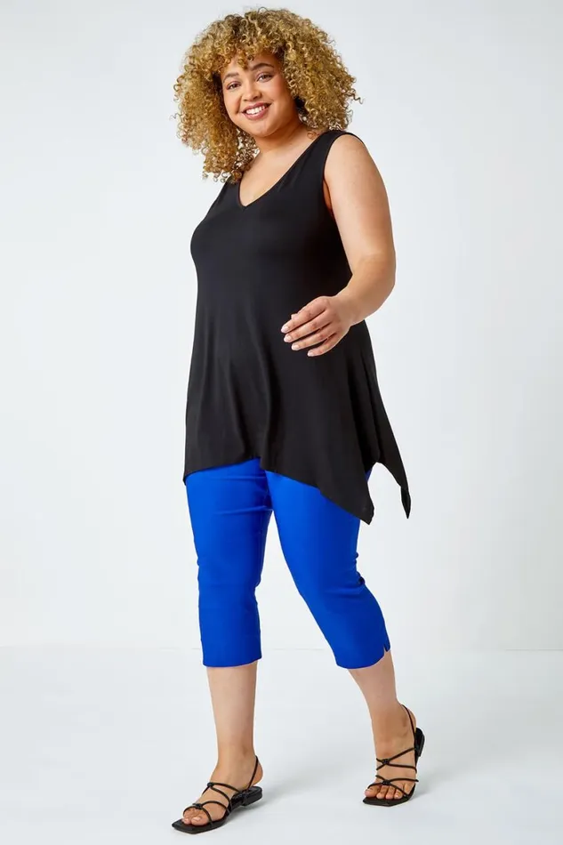 Women Black Curve Cross Detail VNeck Stretch Vest Top Roman Tops
