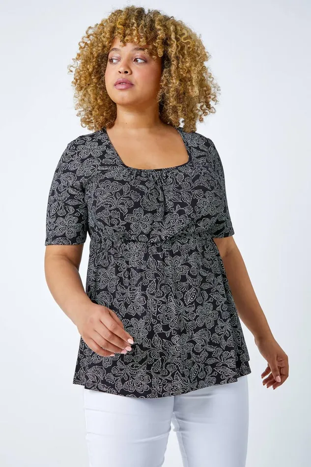 Women Black Curve Floral Print Smock Top Roman Tops