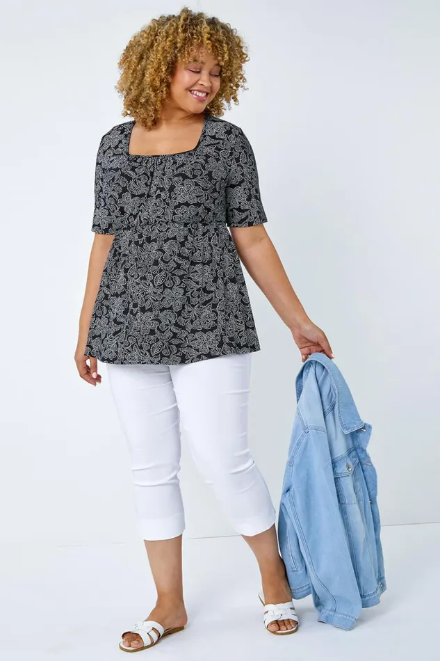 Women Black Curve Floral Print Smock Top Roman Tops