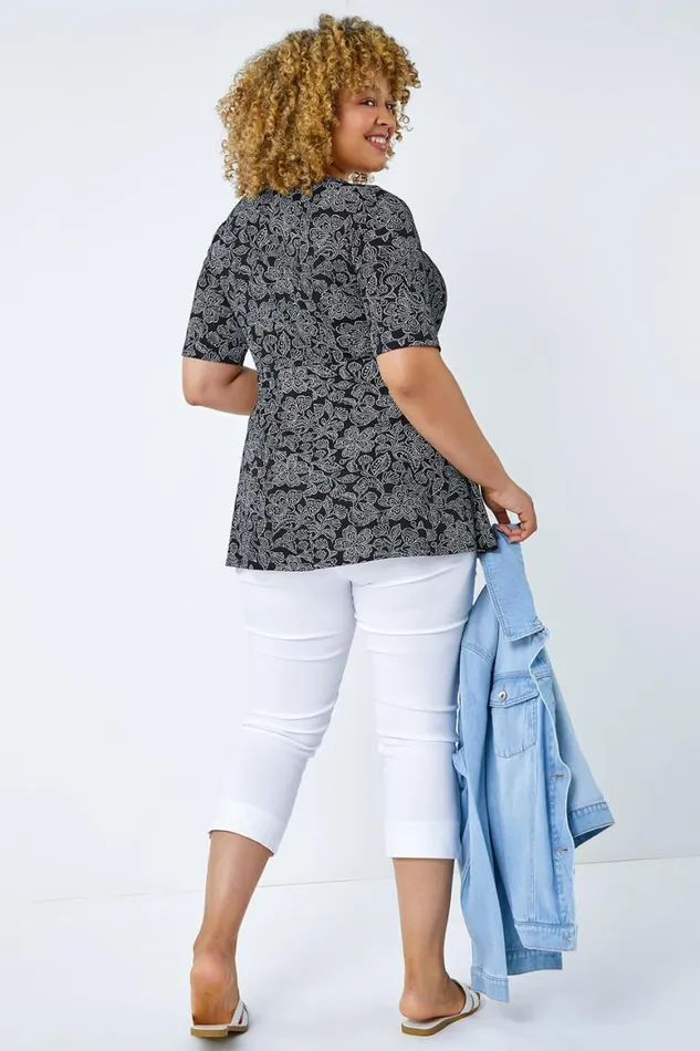 Women Black Curve Floral Print Smock Top Roman Tops