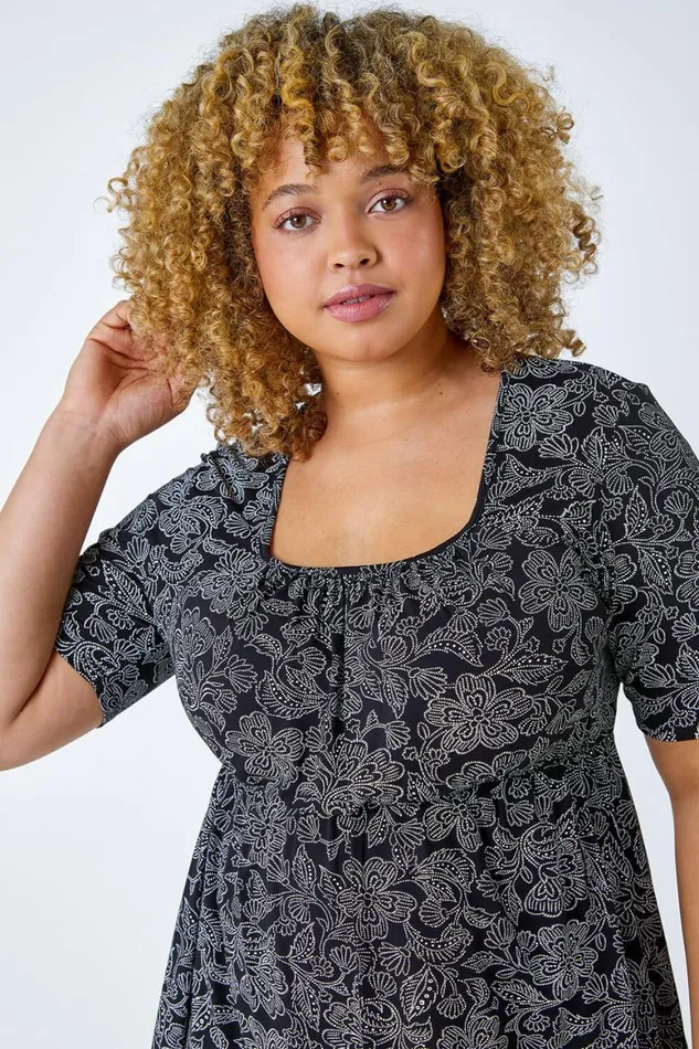 Women Black Curve Floral Print Smock Top Roman Tops
