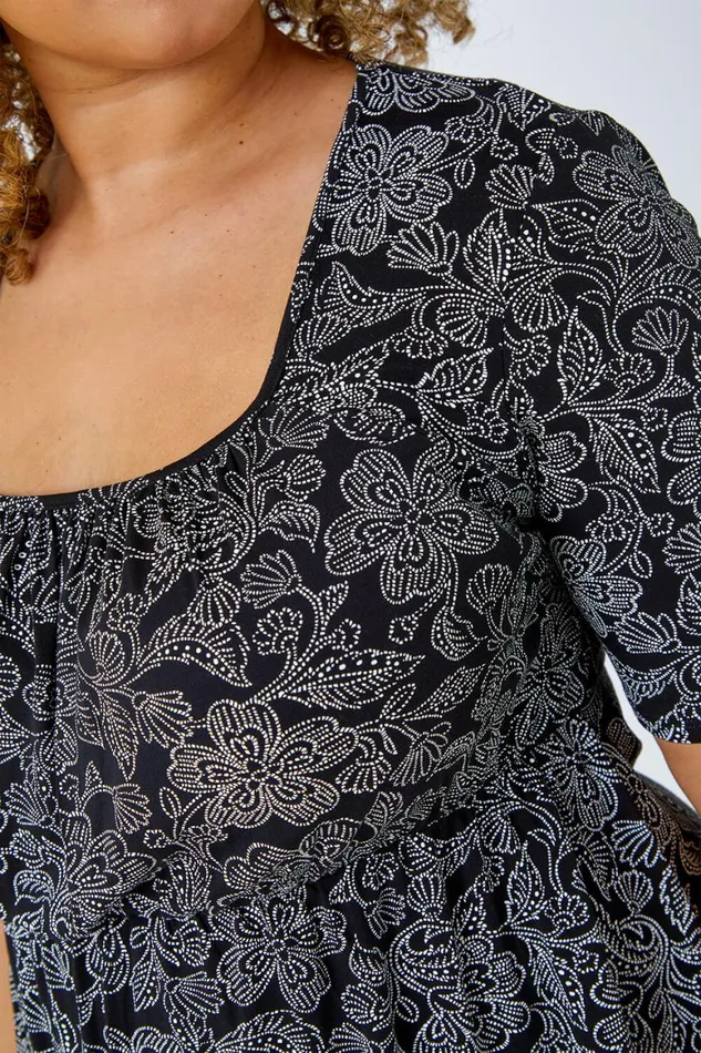 Women Black Curve Floral Print Smock Top Roman Tops