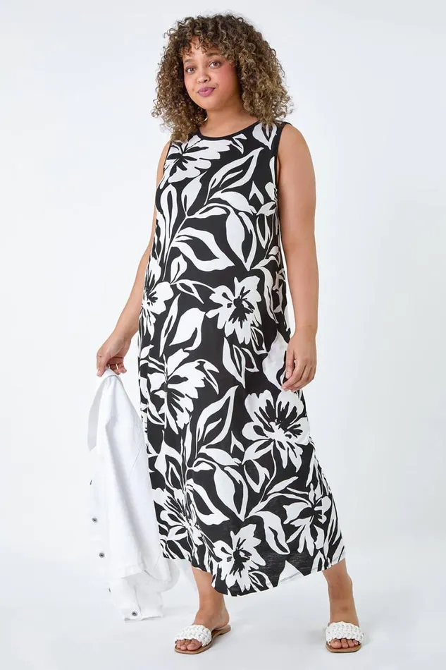 Women Black Curve Floral Print Stretch Maxi Dress Roman Dresses