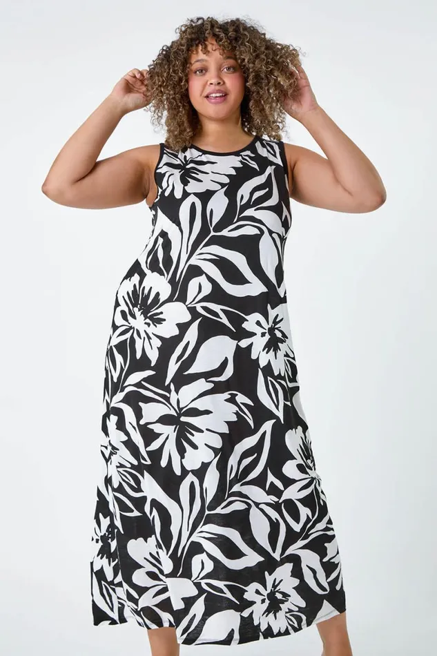 Women Black Curve Floral Print Stretch Maxi Dress Roman Dresses