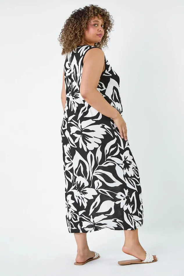 Women Black Curve Floral Print Stretch Maxi Dress Roman Dresses